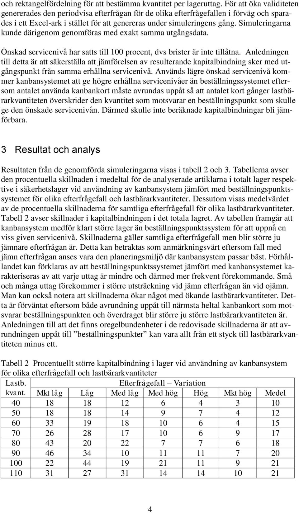 Simuleringarna kunde därigenom genomföras med exakt samma utgångsdata. Önskad servicenivå har satts till 100 procent, dvs brister är inte tillåtna.