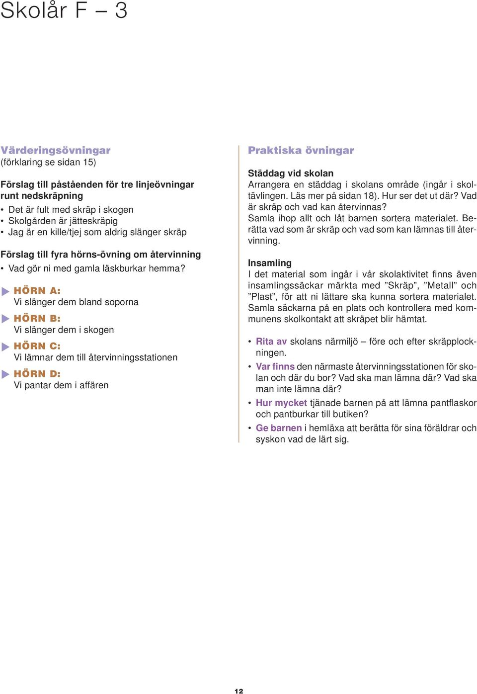 HÖRN A: Vi slänger dem bland soporna HÖRN B: Vi slänger dem i skogen HÖRN C: Vi lämnar dem till återvinningsstationen HÖRN D: Vi pantar dem i affären Praktiska övningar Städdag vid skolan Arrangera