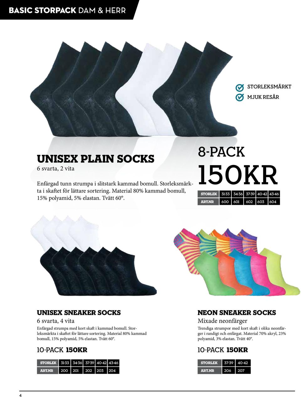 Nr 600 601 602 603 604 UNISEX SNEAKER SOCKS 6 svarta, 4 vita Enfärgad strumpa med kort skaft i kammad bomull. Storleksmärkta i skaftet för lättare sortering.