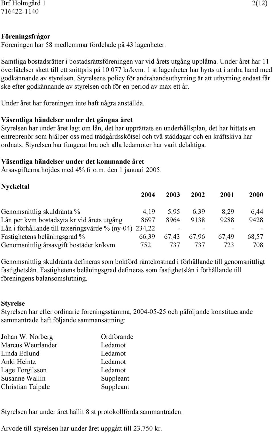 Styrelsens policy för andrahandsuthyrning är att uthyrning endast får ske efter godkännande av styrelsen och för en period av max ett år. Under året har föreningen inte haft några anställda.