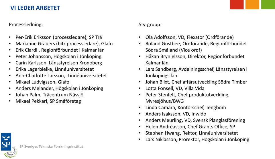 Palm, Träcentrum Nässjö Mikael Pekkari, SP Småföretag Styrgrupp: Ola Adolfsson, VD, Flexator (Ordförande) Roland Gustbee, Ordförande, Regionförbundet Södra Småland (Vice ordf) Håkan Brynielsson,