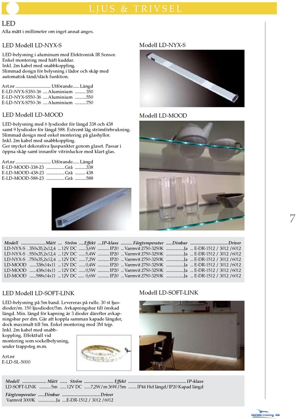 .. Aluminium...750 LED Modell LD-MOOD LED-belysning med 6 lysdioder för längd 338 och 438 samt 9 lysdioder för längd 588. Extremt låg strömförbrukning.