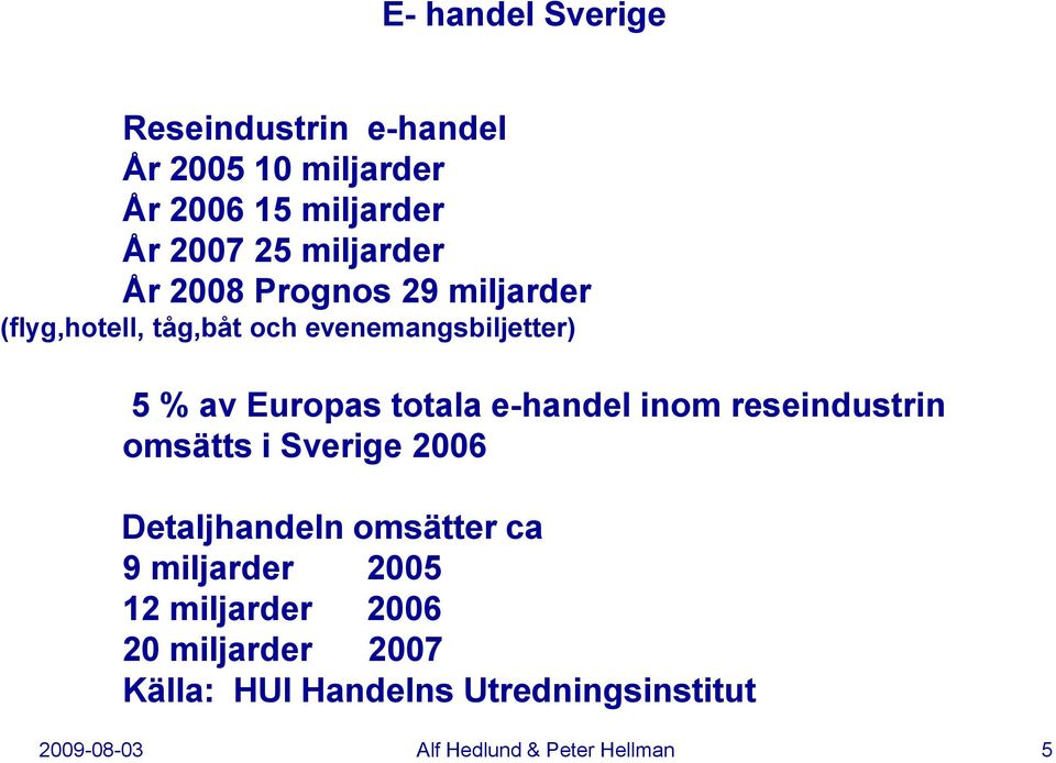 totala e-handel inom reseindustrin omsätts i Sverige 2006 Detaljhandeln omsätter ca 9 miljarder 2005