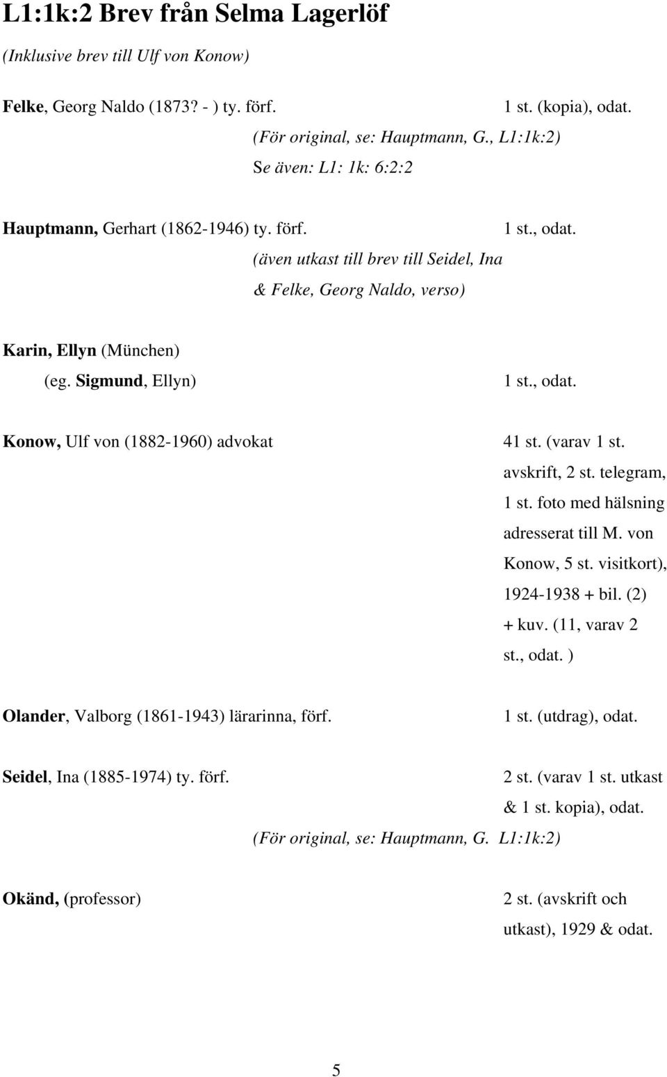 Sigmund, Ellyn) 1 st., odat. Konow, Ulf von (1882-1960) advokat 41 st. (varav 1 st. avskrift, 2 st. telegram, 1 st. foto med hälsning adresserat till M. von Konow, 5 st. visitkort), 1924-1938 + bil.