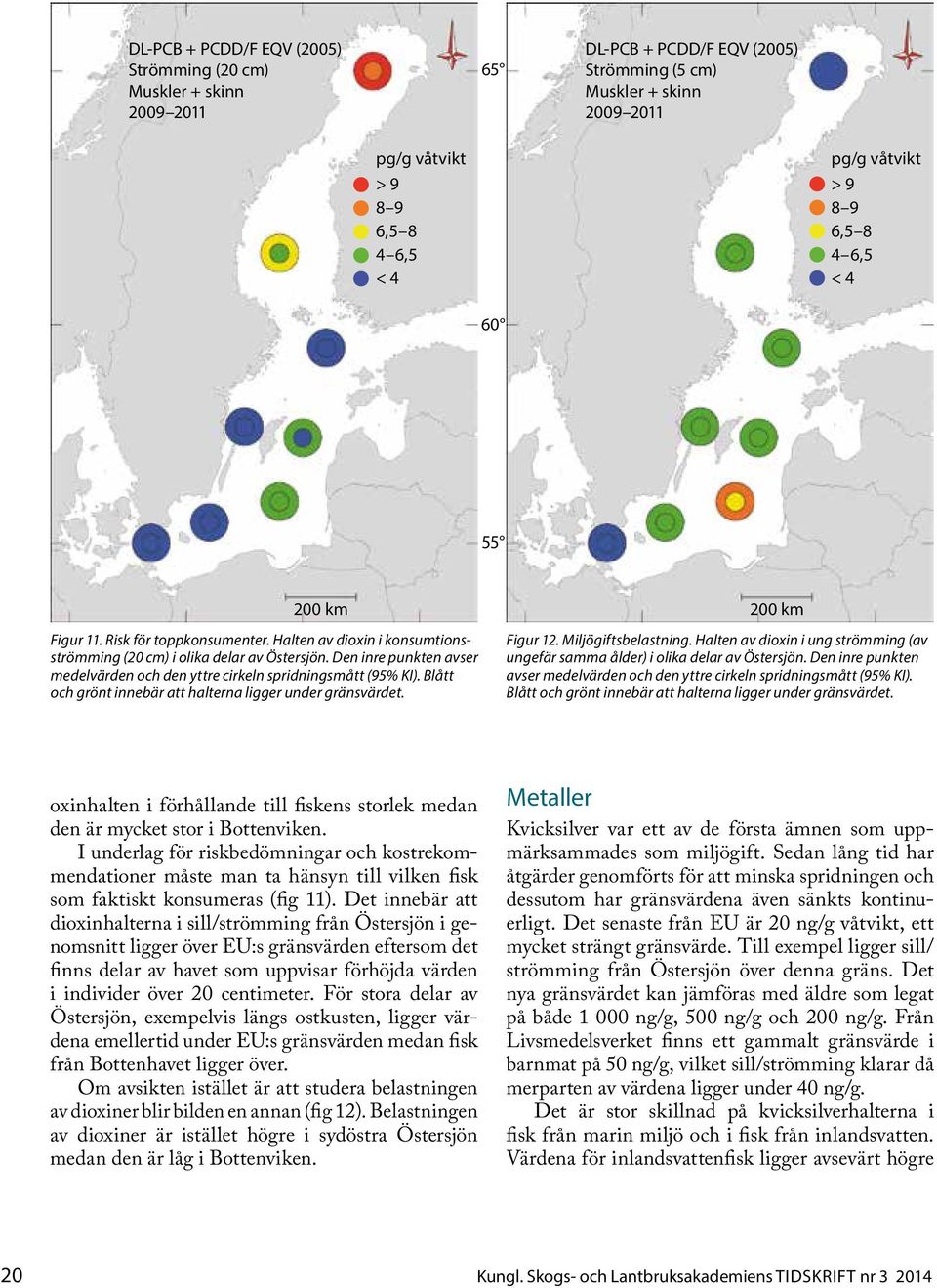 Den inre punkten avser medelvärden och den yttre cirkeln spridningsmått (95% KI). Blått och grönt innebär att halterna ligger under gränsvärdet. 2 km Figur 12. Miljögiftsbelastning.