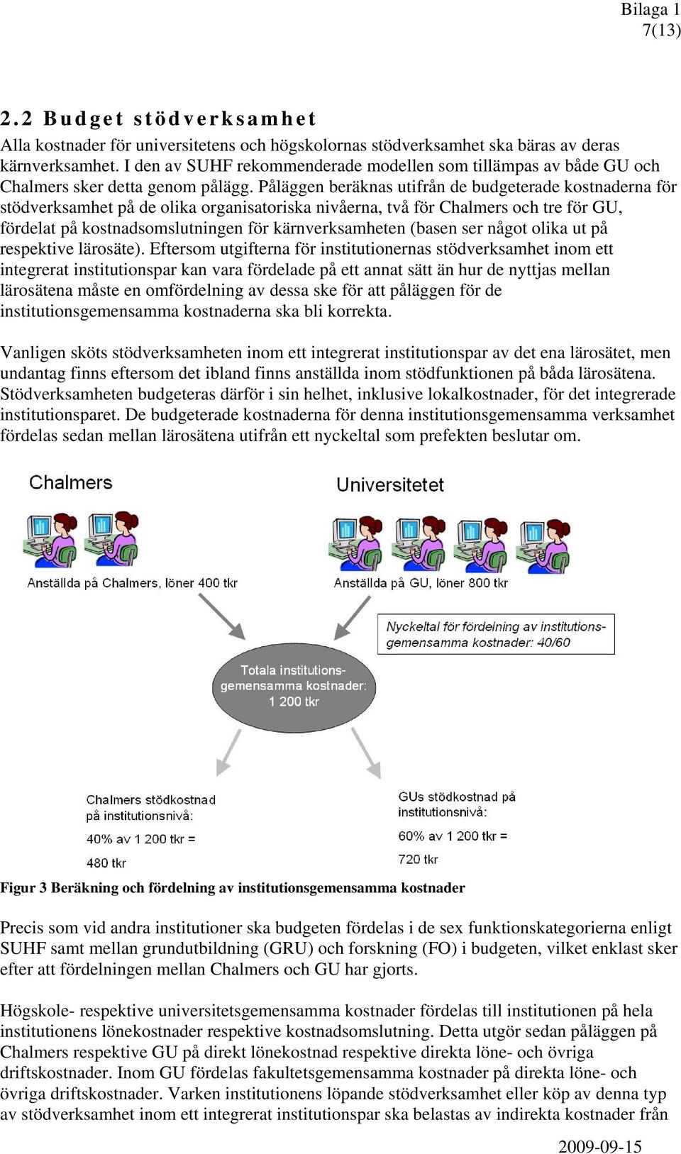 Påläggen beräknas utifrån de budgeterade kostnaderna för stödverksamhet på de olika organisatoriska nivåerna, två för Chalmers och tre för GU, fördelat på kostnadsomslutningen för kärnverksamheten
