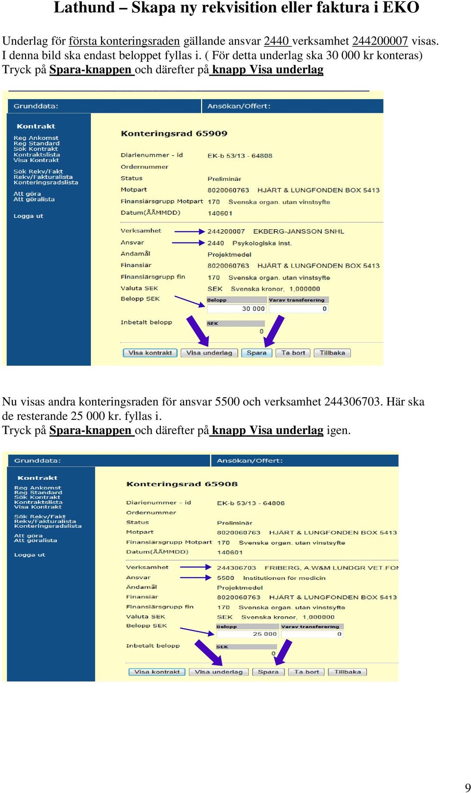 ( För detta underlag ska 30 000 kr konteras) Tryck på Spara-knappen och därefter på knapp Visa underlag