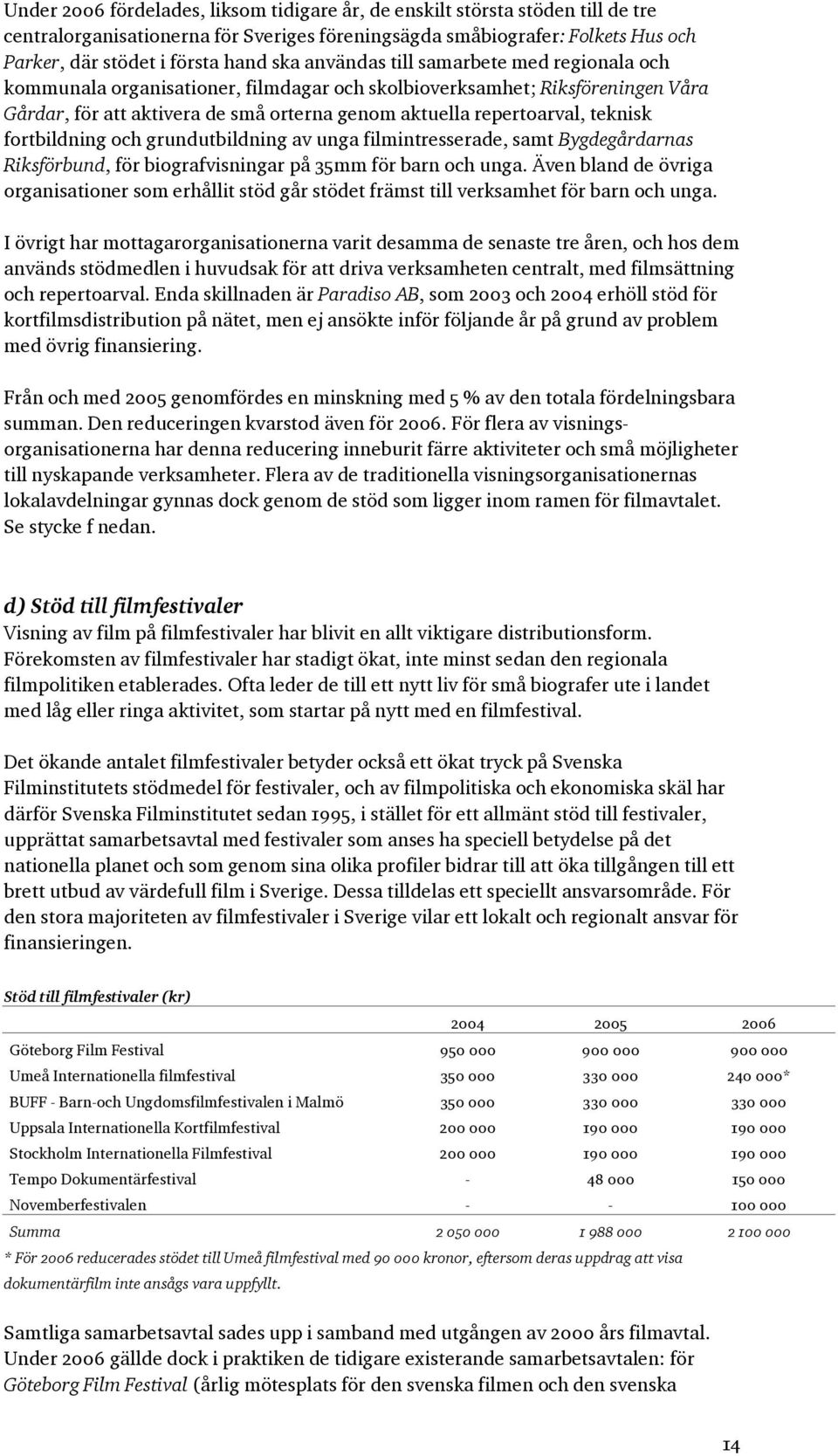 fortbildning och grundutbildning av unga filmintresserade, samt Bygdegårdarnas Riksförbund, för biografvisningar på 35mm för barn och unga.