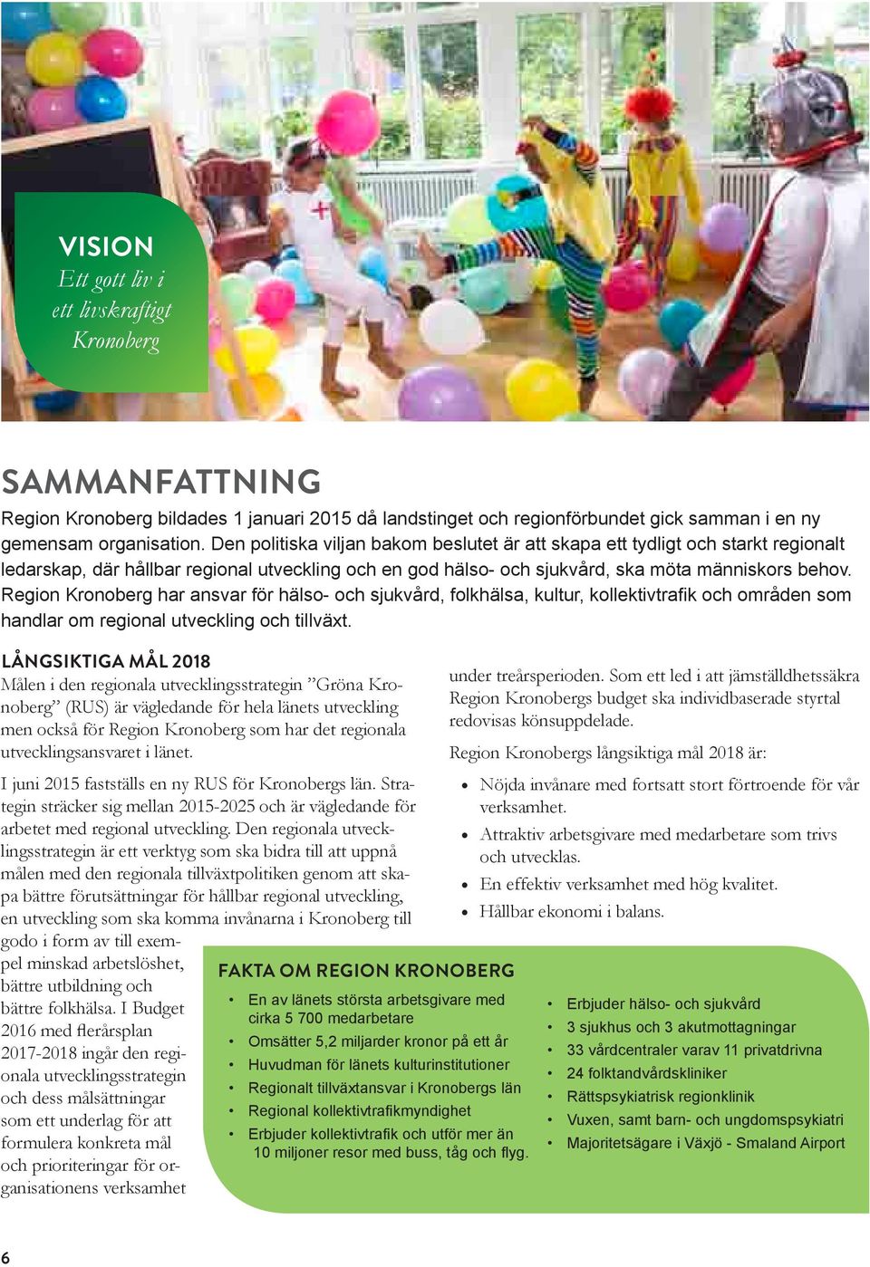 Region Kronoberg har ansvar för hälso- och sjukvård, folkhälsa, kultur, kollektivtrafik och områden som handlar om regional utveckling och tillväxt.