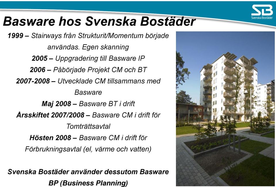tillsammans med Basware Maj 2008 Basware BT i drift Årsskiftet 2007/2008 Basware CM i drift för Tomträttsavtal