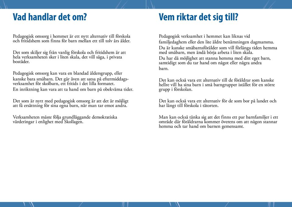 Pedagogisk omsorg kan vara en blandad åldersgrupp, eller kanske bara småbarn. Det går även att satsa på eftermiddagsverksamhet för skolbarn, ett fritids i det lilla formatet.