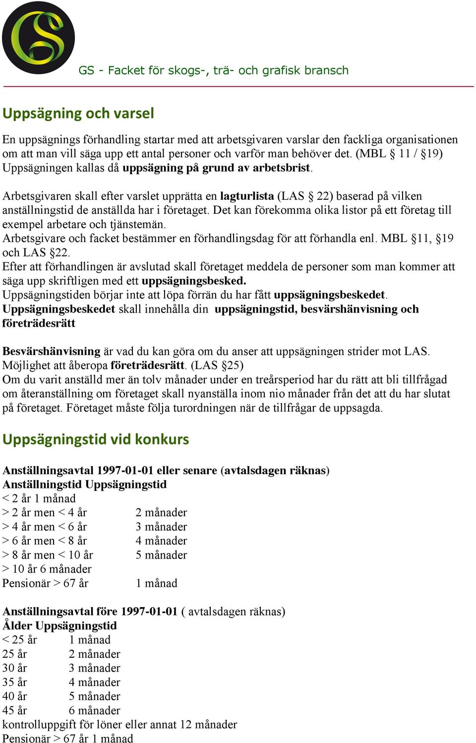 Arbetsgivaren skall efter varslet upprätta en lagturlista (LAS 22) baserad på vilken anställningstid de anställda har i företaget.