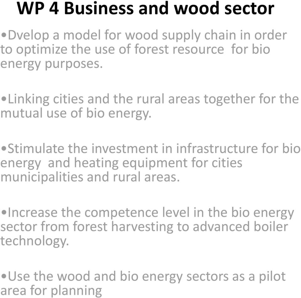 Stimulate the investment in infrastructure for bio energy and heating equipment for cities municipalities and rural areas.