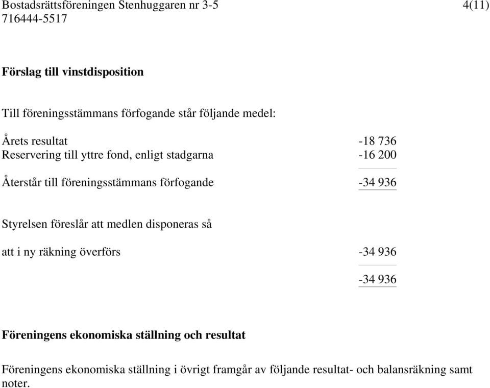 Styrelsen föreslår att medlen disponeras så att i ny räkning överförs -34 936-34 936 Föreningens ekonomiska