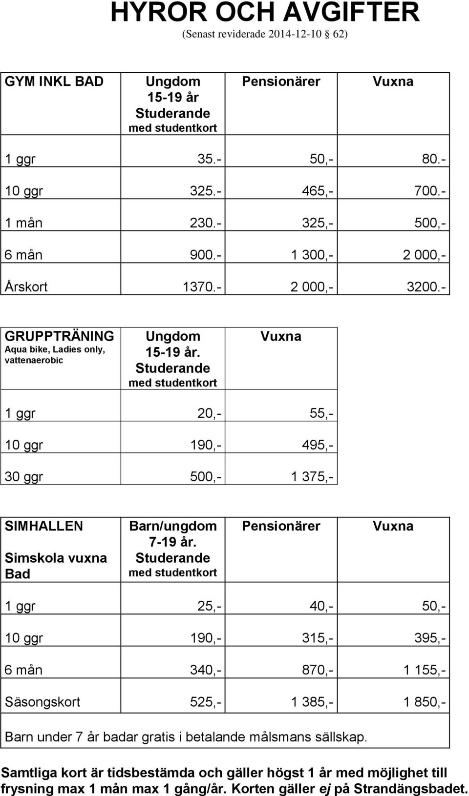 Studerande med studentkort 1 ggr 20,- 55,- 10 ggr 190,- 495,- 30 ggr 500,- 1 375,- SIMHALLEN Simskola vuxna Bad Barn/ungdom 7-19 år.