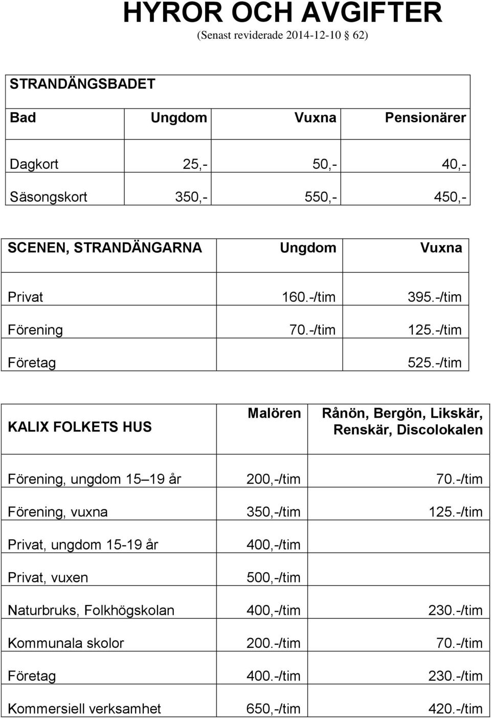 -/tim KALIX FOLKETS HUS Malören Rånön, Bergön, Likskär, Renskär, Discolokalen Förening, ungdom 15 19 år 200,-/tim 70.