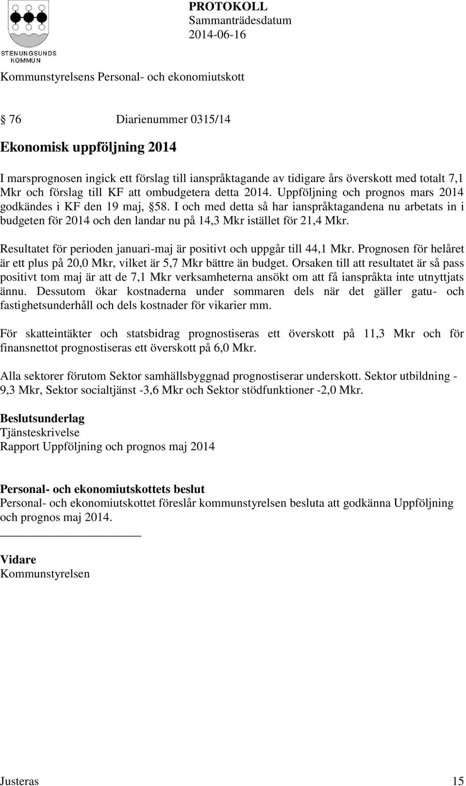 Resultatet för perioden januari-maj är positivt och uppgår till 44,1 Mkr. Prognosen för helåret är ett plus på 20,0 Mkr, vilket är 5,7 Mkr bättre än budget.