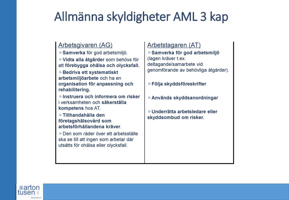 Tillhandahålla den företagshälsovård som arbetsförhållandena kräver. Den som råder över ett arbetsställe ska se till att ingen som arbetar där utsätts för ohälsa eller olycksfall.