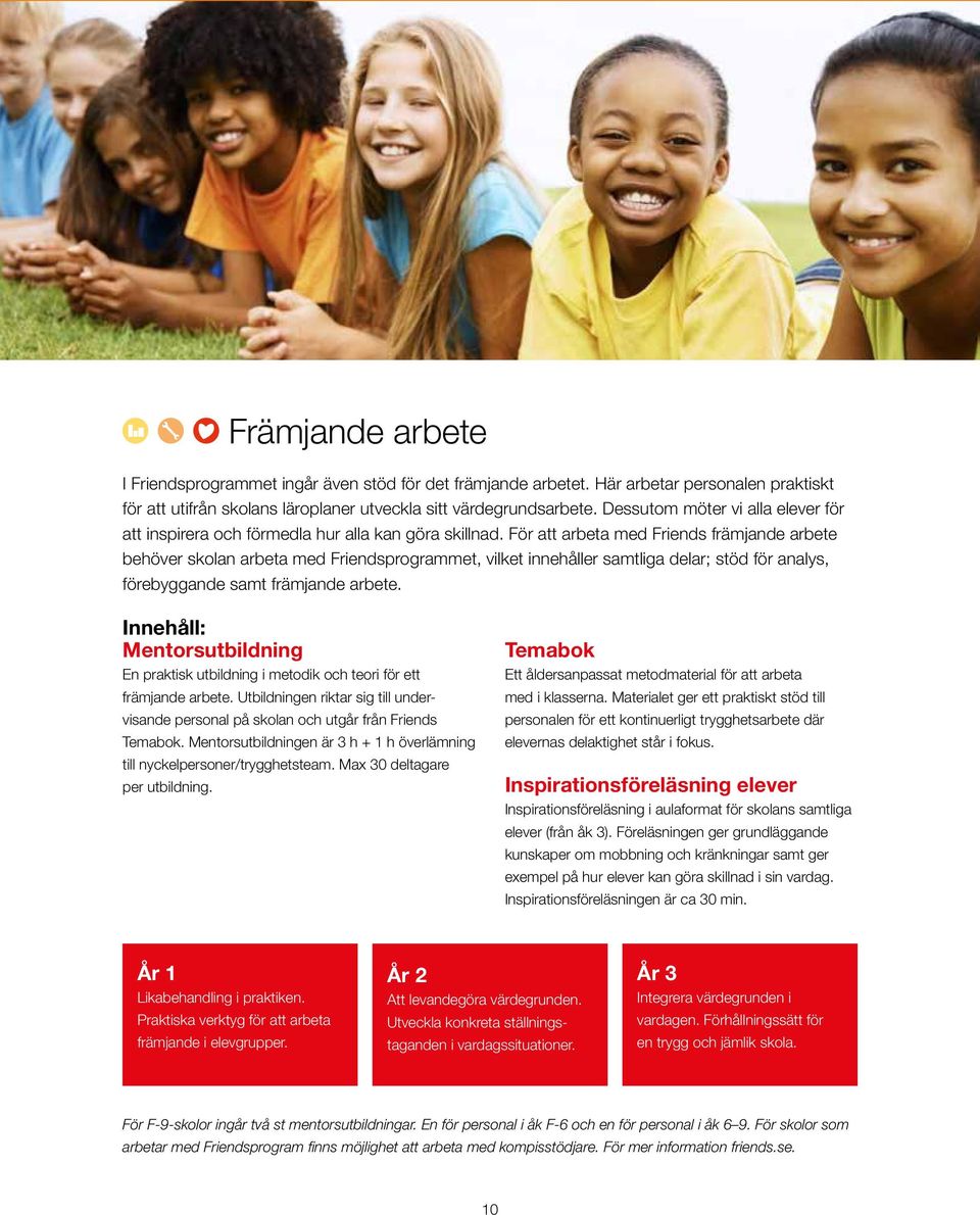 För att arbeta med Friends främjande arbete behöver skolan arbeta med Friendsprogrammet, vilket innehåller samtliga delar; stöd för analys, förebyggande samt främjande arbete.