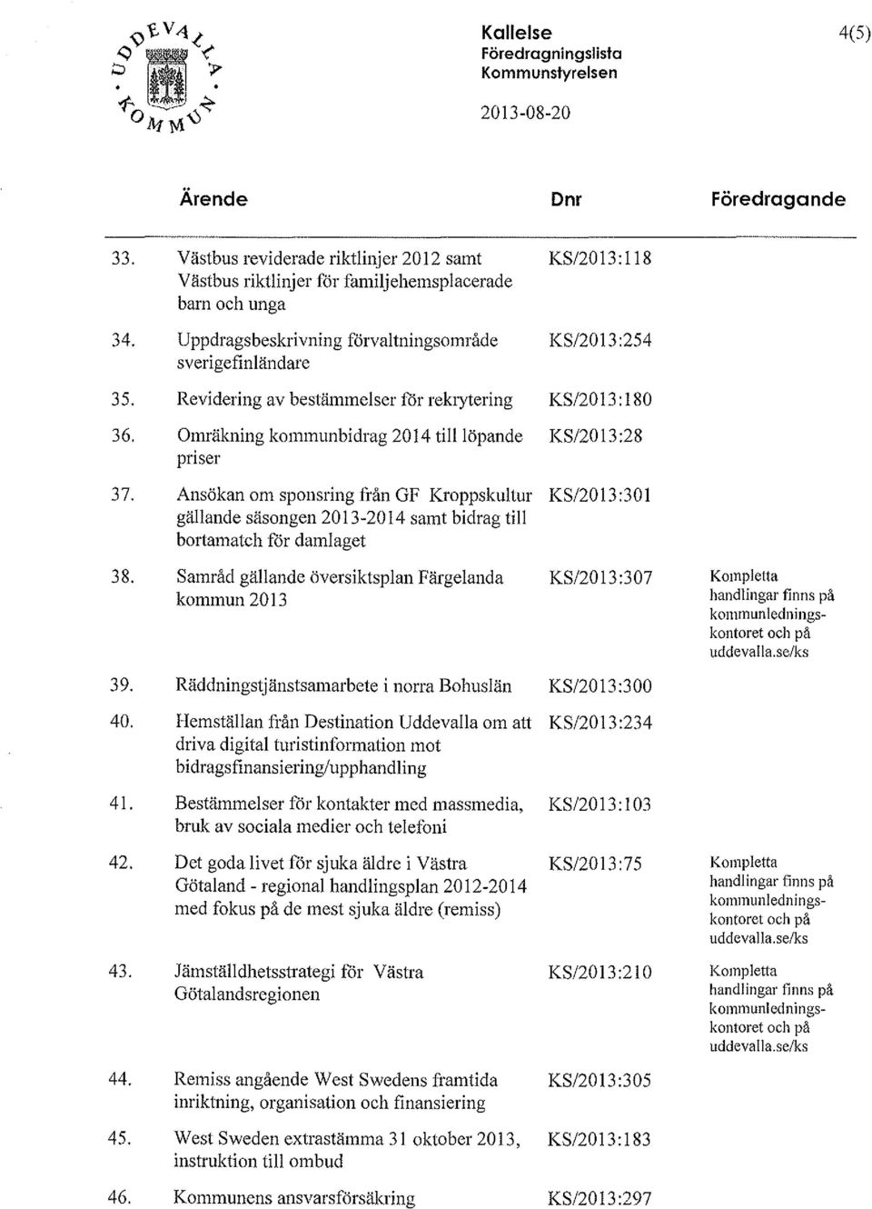 ivning förvaltningsområde sverigefinländare Revidering av bestämmelser för rekrytering Omräkning kommunbidrag 2014 tilllöpande priser KS/2013:254 KS/2013:180 KS/2013:28 37. 38. 39. 40.