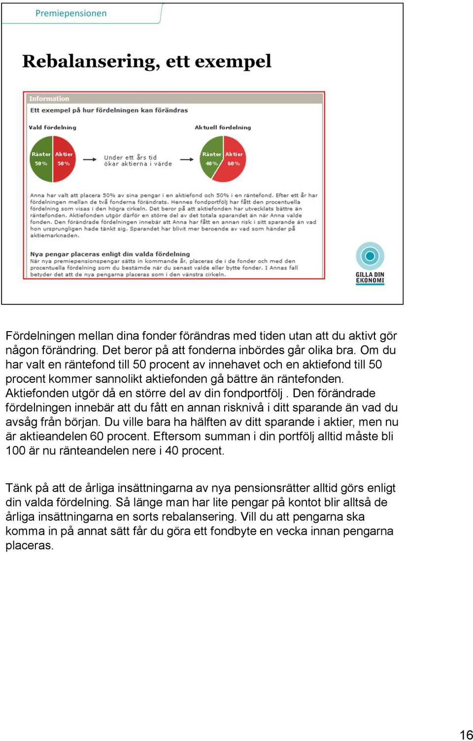 Den förändrade fördelningen innebär att du fått en annan risknivå i ditt sparande än vad du avsåg från början. Du ville bara ha hälften av ditt sparande i aktier, men nu är aktieandelen 60 procent.