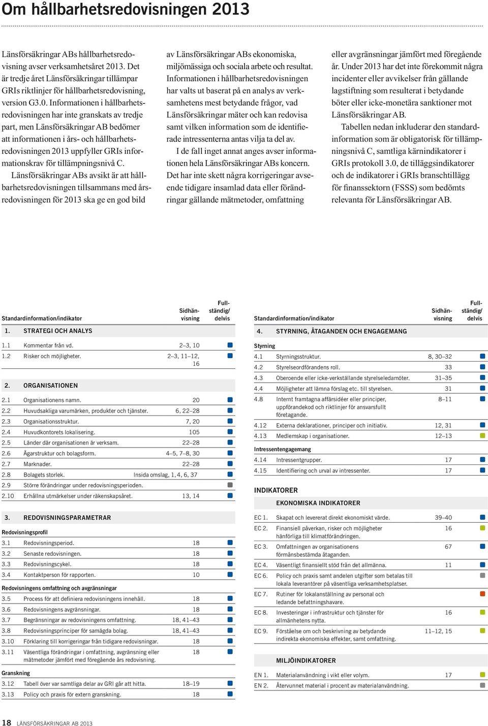 Infor mationen i hållbarhetsredovisningen har inte granskats av tredje part, men Länsförsäkringar AB bedömer att informationen i års- och hållbarhetsredovisningen 2013 uppfyller GRIs informationskrav