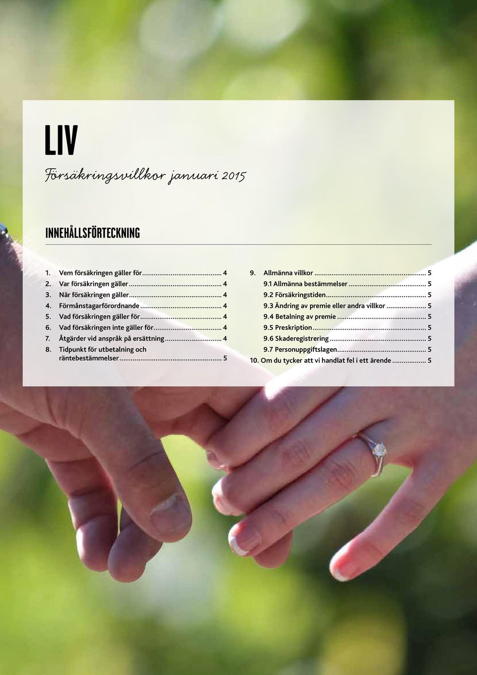 Tidpunkt för utbetalning och räntebestämmelser... 5 9. Allmänna villkor... 5 9.1 Allmänna bestämmelser... 5 9.2 Försäkringstiden... 5 9.3 Ändring av premie eller andra villkor.