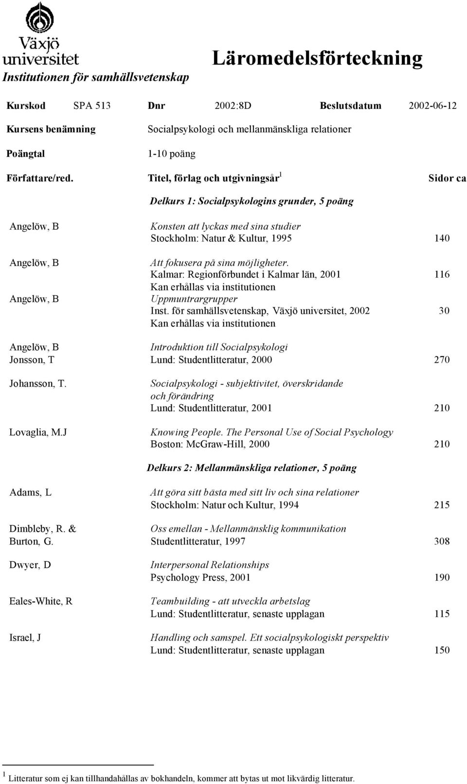 för samhällsvetenskap, Växjö universitet, 2002 Kan erhållas via institutionen 116 30 Lovaglia, M.J Knowing People.