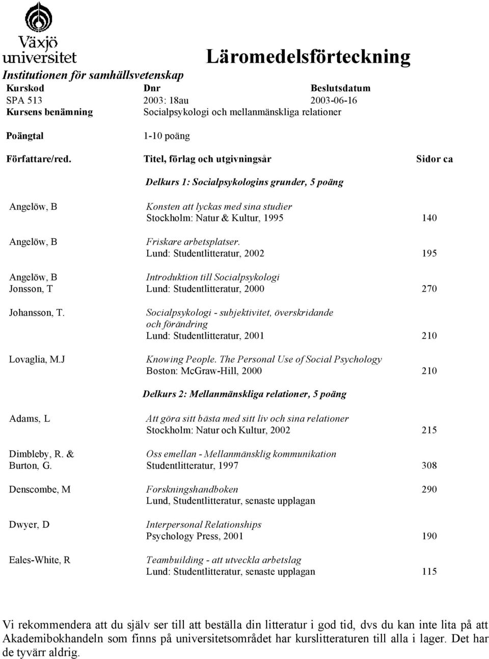 The Personal Use of Social Psychology Boston: McGraw-Hill, 2000 210 Adams, L Att göra sitt bästa med sitt liv och sina relationer Stockholm: Natur och Kultur, 2002 215