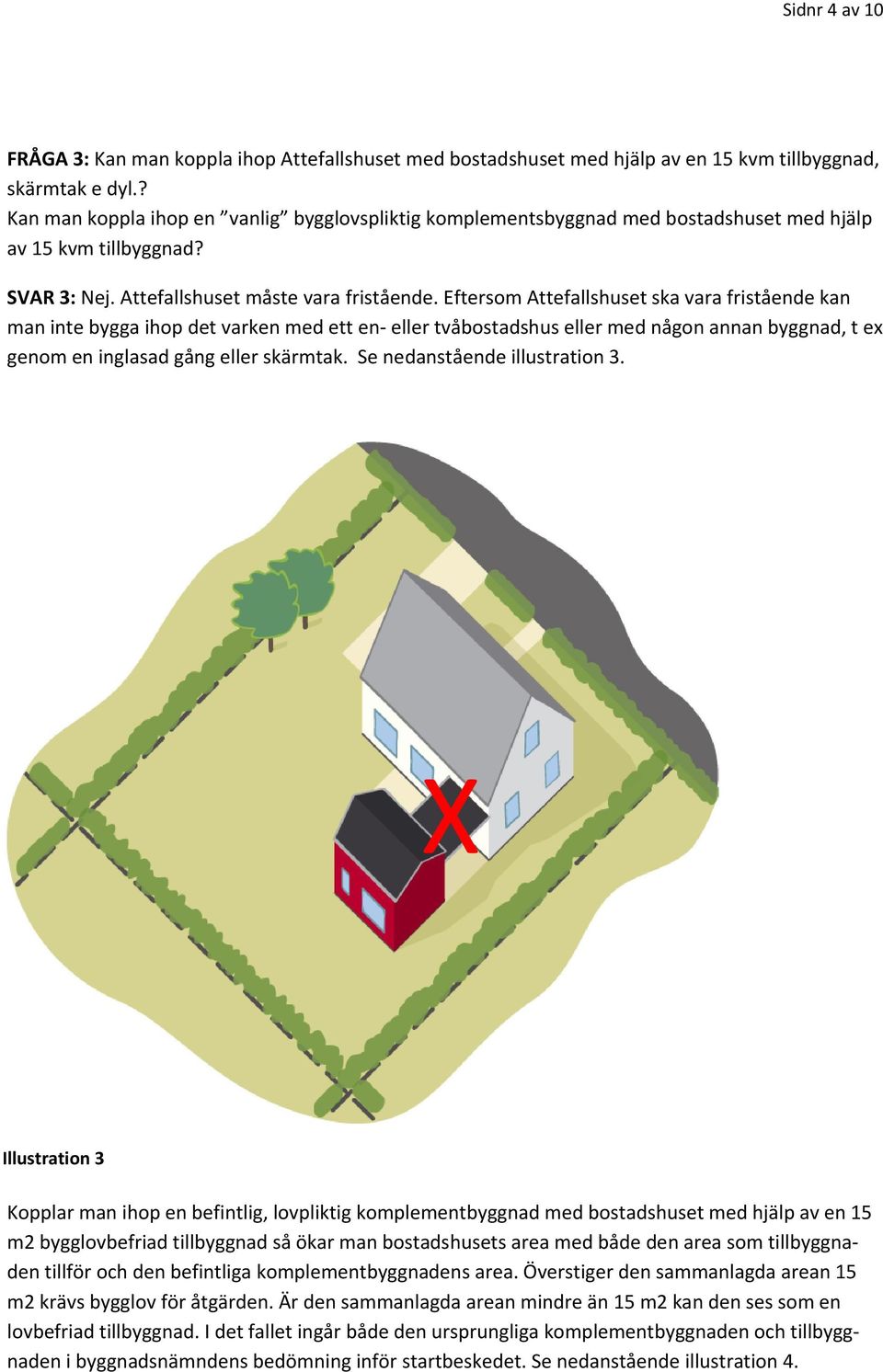 Eftersom Attefallshuset ska vara fristående kan man inte bygga ihop det varken med ett en eller tvåbostadshus eller med någon annan byggnad, t ex genom en inglasad gång eller skärmtak.