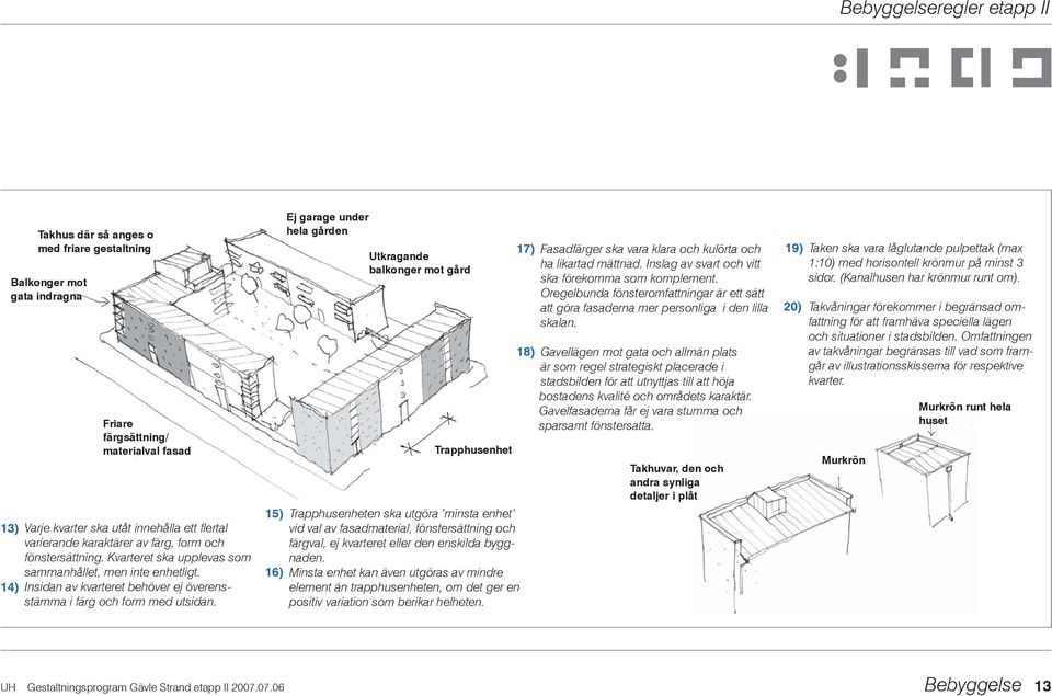 15) 16) Ej garage under hela gården Utkragande balkonger mot gård Trapphusenhet Trapphusenheten ska utgöra minsta enhet vid val av fasadmaterial, fönstersättning och färgval, ej kvarteret eller den