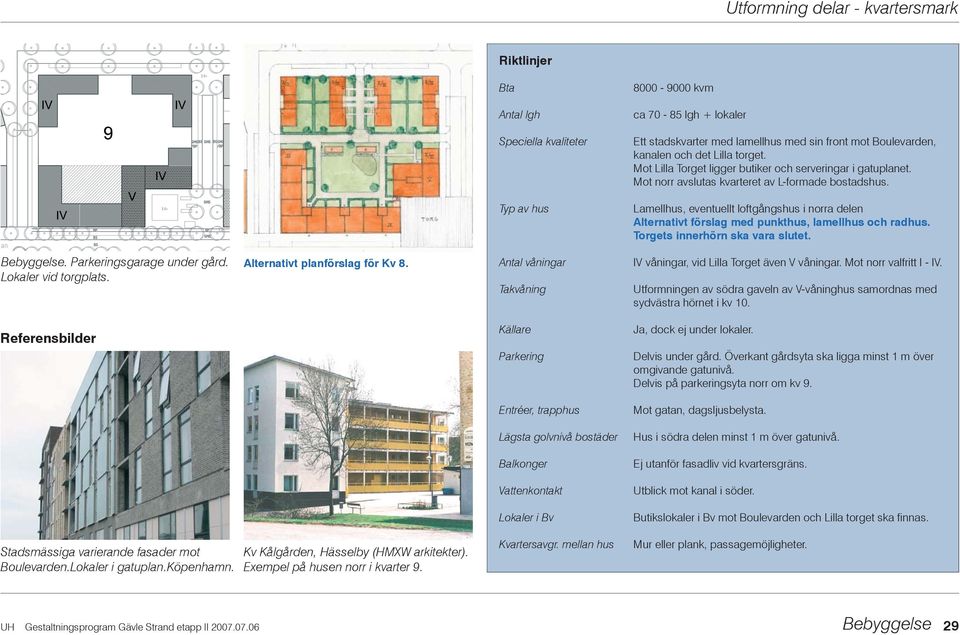 Referensbilder Alternativt planförslag för Kv 8. Typ av hus Lamellhus, eventuellt loftgångshus i norra delen Alternativt förslag med punkthus, lamellhus och radhus. Torgets innerhörn ska vara slutet.