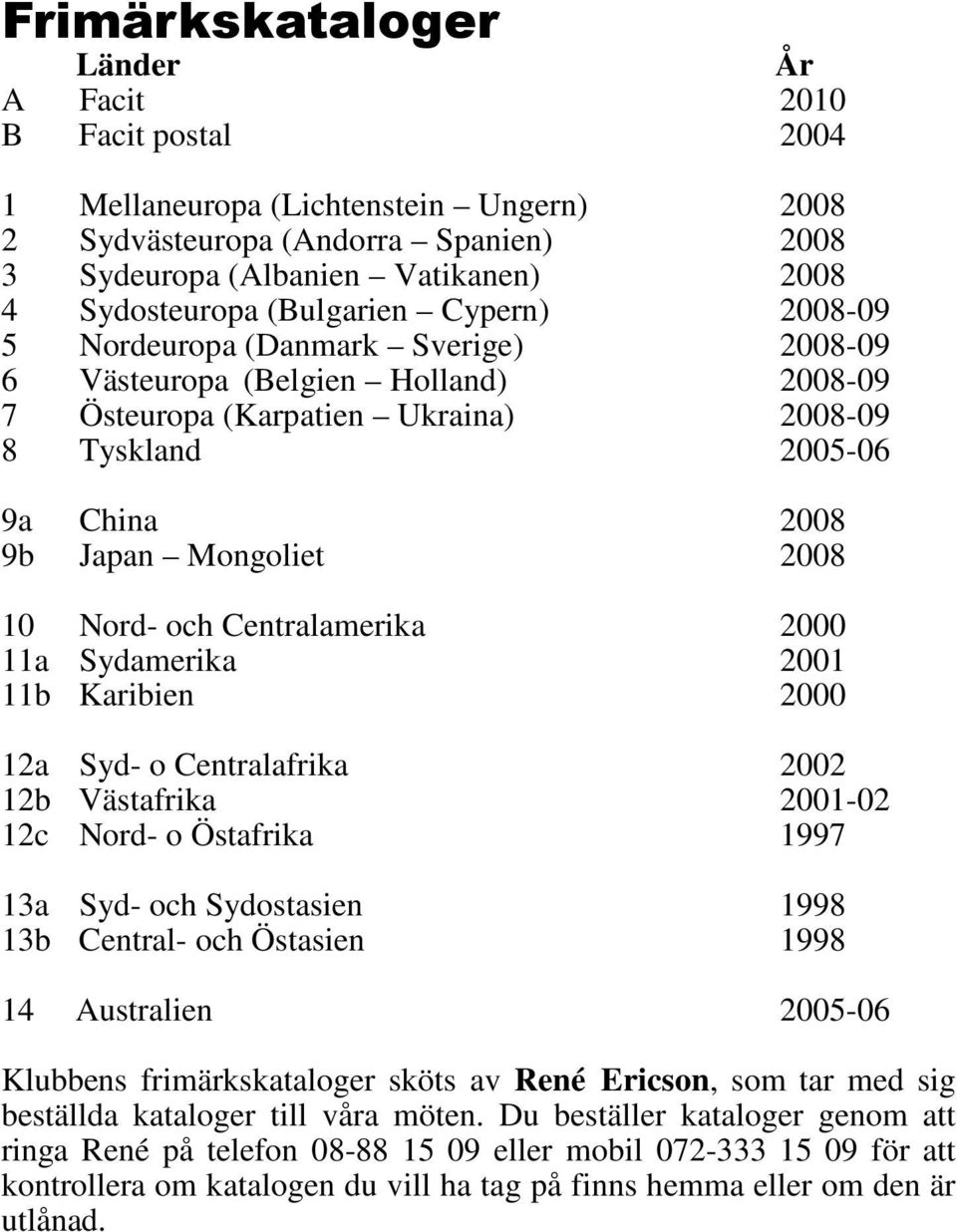 2008 10 Nord- och Centralamerika 2000 11a Sydamerika 2001 11b Karibien 2000 12a Syd- o Centralafrika 2002 12b Västafrika 2001-02 12c Nord- o Östafrika 1997 13a Syd- och Sydostasien 1998 13b Central-