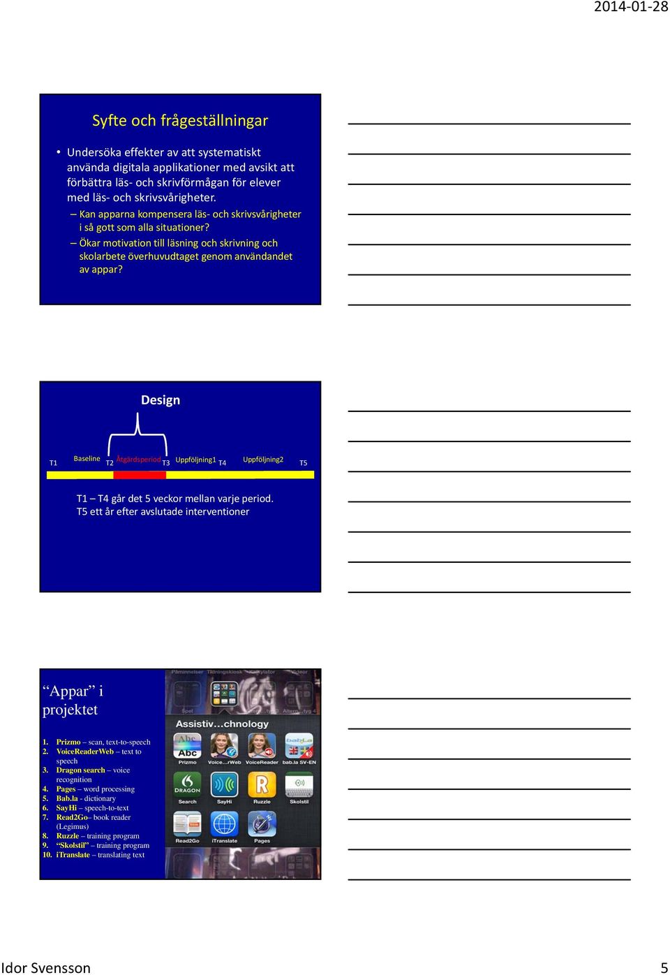 Design Baseline T1 T2 Åtgärdsperiod T3 Uppföljning1 T4 Uppföljning2 T5 T1 T4 går det 5 veckor mellan varje period. T5 ett år efter avslutade interventioner Appar i projektet 1.