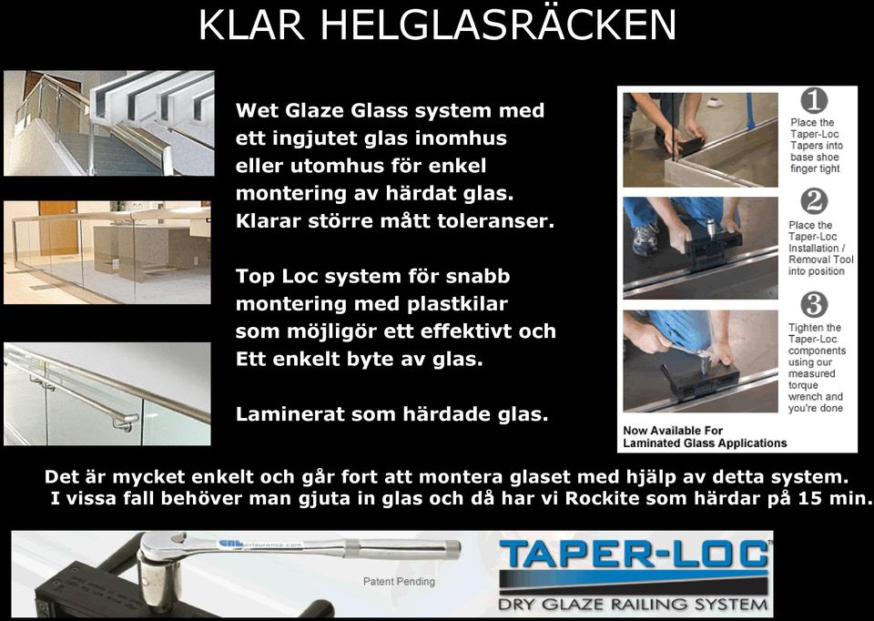 Top Loc system för snabb montering med plastkilar som möjligör ett effektivt och Ett enkelt byte av glas.