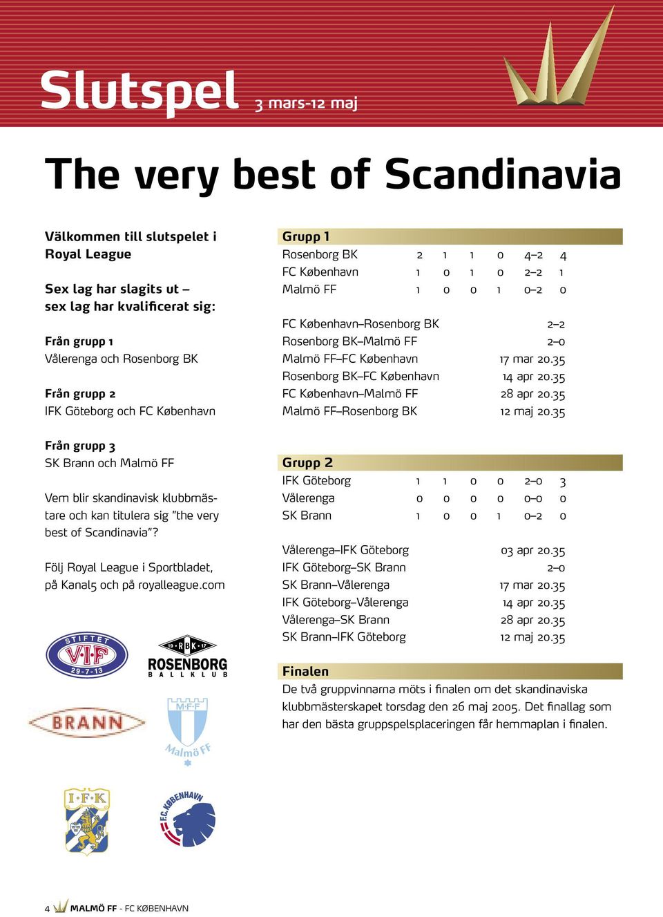 20.35 Rosenborg BK FC København 14 apr 20.35 FC København Malmö FF 28 apr 20.35 Malmö FF Rosenborg BK 12 maj 20.