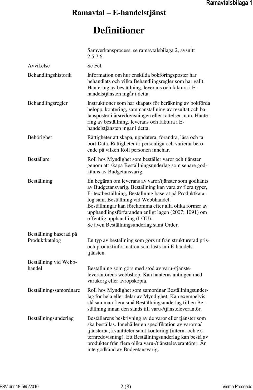 Information om hur enskilda bokföringsposter har behandlats och vilka Behandlingsregler som har gällt. Hantering av beställning, leverans och faktura i E- handelstjänsten ingår i detta.