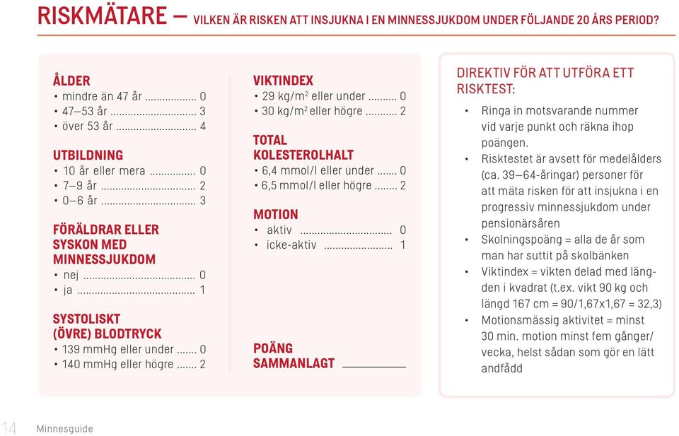 .. 2 TOTAL KOLESTEROLHALT 6,4 mmol/l eller under... 0 6,5 mmol/l eller högre... 2 MOTION aktiv... 0 icke-aktiv.