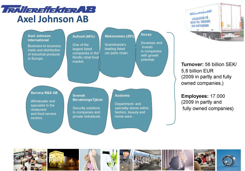 Novax Develops and invests in companies with growth potential. Turnover: 56 billion SEK/ 5,8 billion EUR (2009 in partly and fully owned companies.