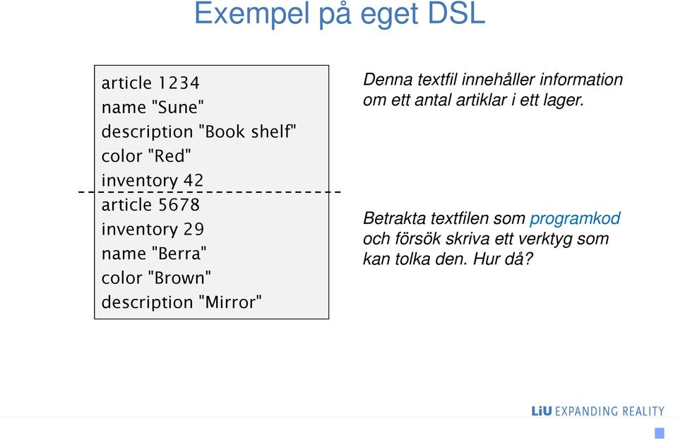 "Mirror" Denna textfil innehåller information om ett antal artiklar i ett lager.