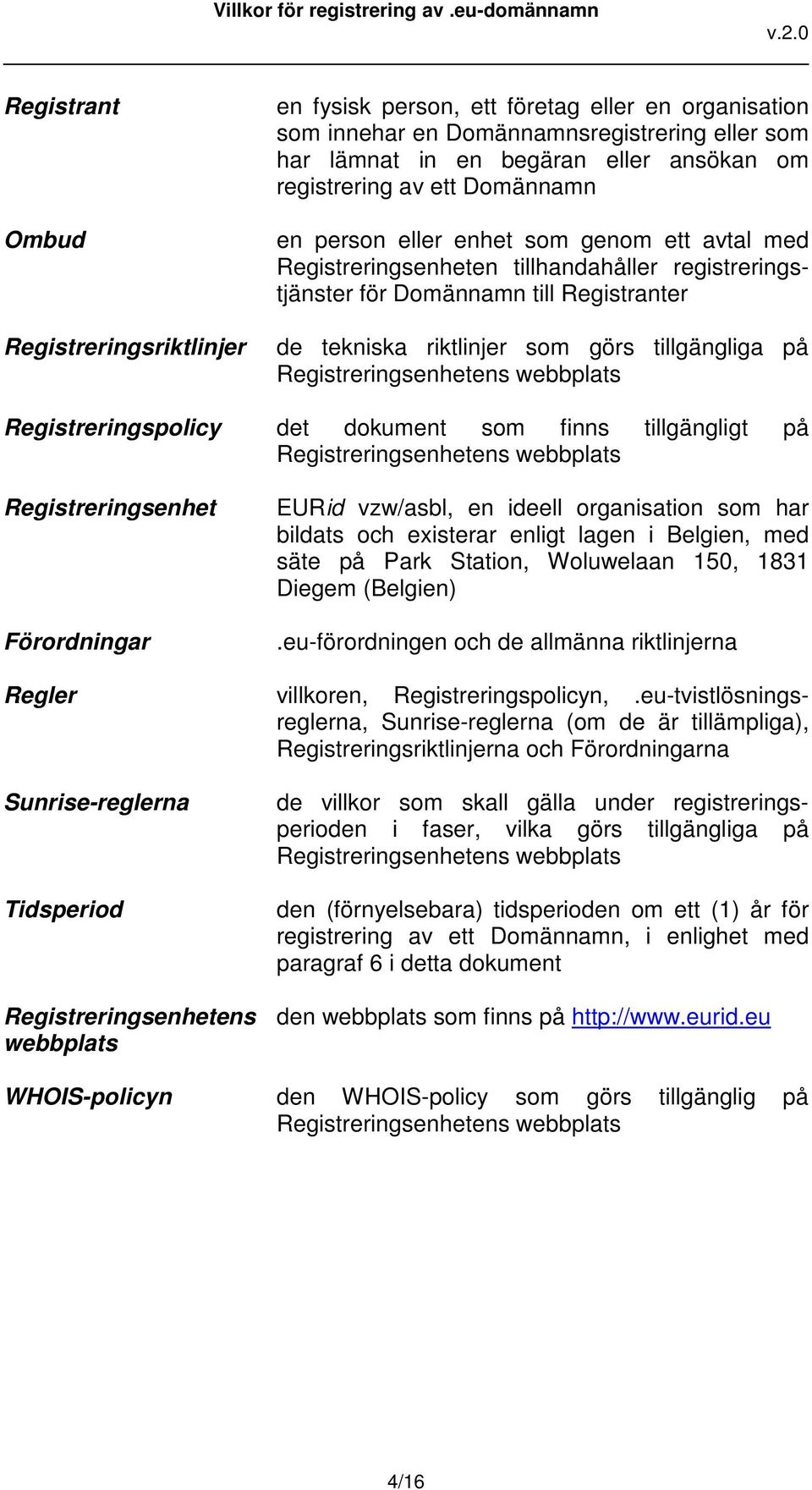 Registreringsenhetens webbplats Registreringspolicy det dokument som finns tillgängligt på Registreringsenhetens webbplats Registreringsenhet Förordningar Regler Sunrise-reglerna Tidsperiod