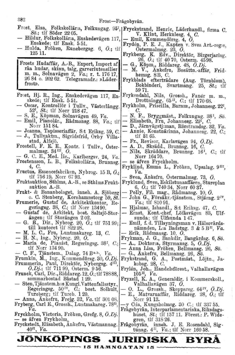 Frykberg, ;Jr.. Edv., Direktör, Birgerjarlsg. Frosts Hndaffär, A.-R, Export, Import af råa hndar, skinn, talg, garveri utensilier m. m., Solnavägen 2, Va.; r. t.17617, 2684 O. 20262. 'I'elegrarnadr.