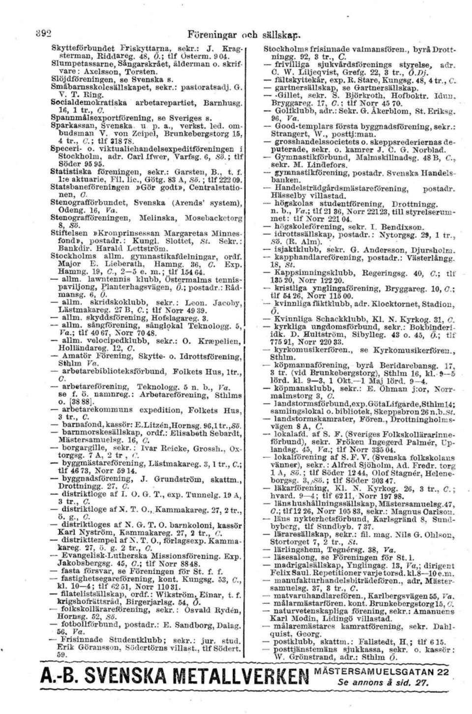 Sparkassan, Svenska, u p. a., verkat. led. ombudsman V. von Zeil)el, Brunkebergstorg 15: 4 tr., C.; tif 31878. Specert- o. viktualiehandelsexpeditföreningen i Stockholm, adr. Carl Ifwer, Varfsg.