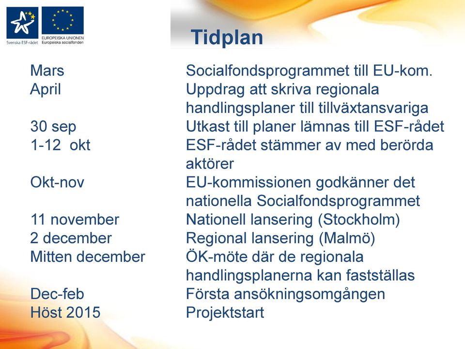 ESF-rådet stämmer av med berörda aktörer Okt-nov EU-kommissionen godkänner det nationella Socialfondsprogrammet 11 november