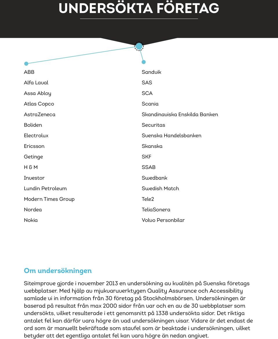 undersökning av kvalitén på Svenska företags webbplatser. Med hjälp av mjukvaruverktygen Quality Assurance och Accessibility samlade vi in information från 30 företag på Stockholmsbörsen.