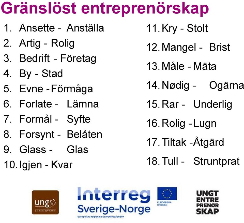 Glass - Glas 10.Igjen - Kvar 11.Kry - Stolt 12. Mangel - Brist 13.Måle - Mäta 14.