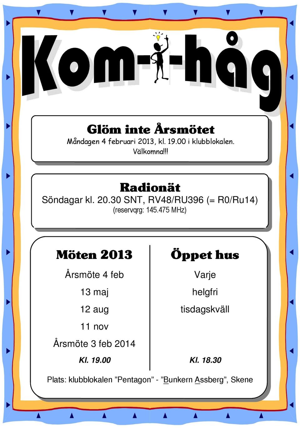 475 MHz) Möten 2013 Öppet hus Årsmöte 4 feb Varje 13 maj helgfri 12 aug tisdagskväll 11