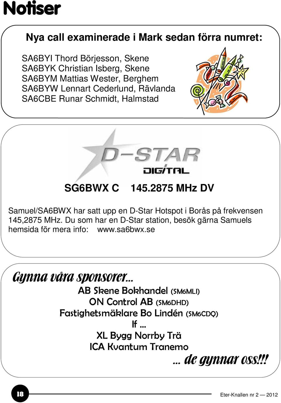 2875 MHz DV Samuel/SA6BWX har satt upp en D-Star Hotspot i Borås på frekvensen 145,2875 MHz.
