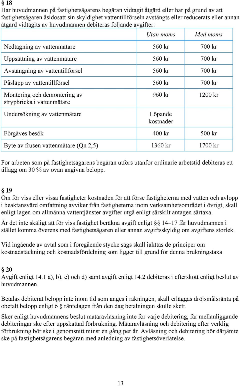 kr Påsläpp av vattentillförsel 560 kr 700 kr Montering och demontering av strypbricka i vattenmätare Undersökning av vattenmätare 960 kr 1200 kr Löpande kostnader Förgäves besök 400 kr 500 kr Byte av