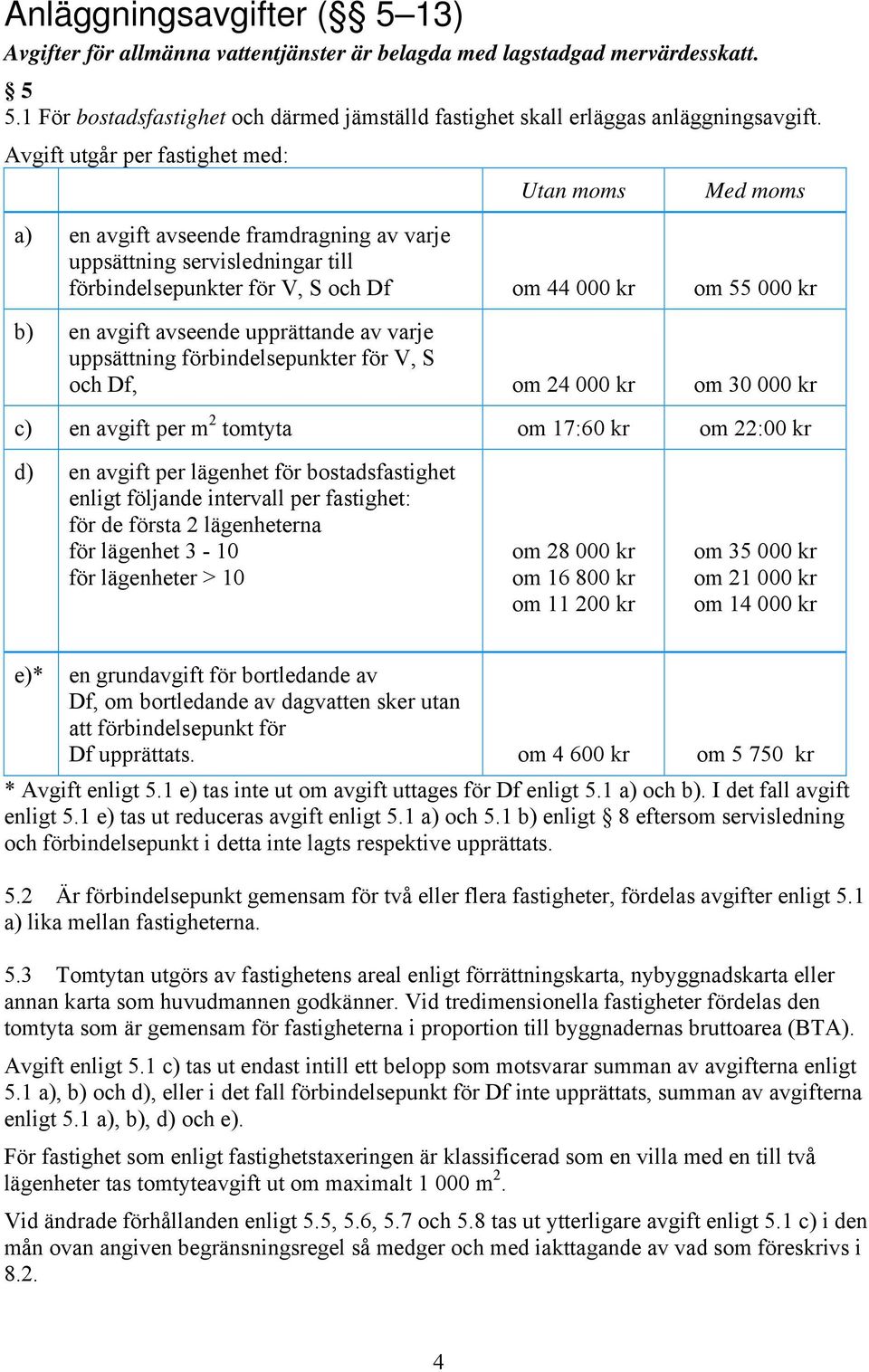 avgift avseende upprättande av varje uppsättning förbindelsepunkter för V, S och Df, om 24 000 kr om 30 000 kr c) en avgift per m 2 tomtyta om 17:60 kr om 22:00 kr d) en avgift per lägenhet för